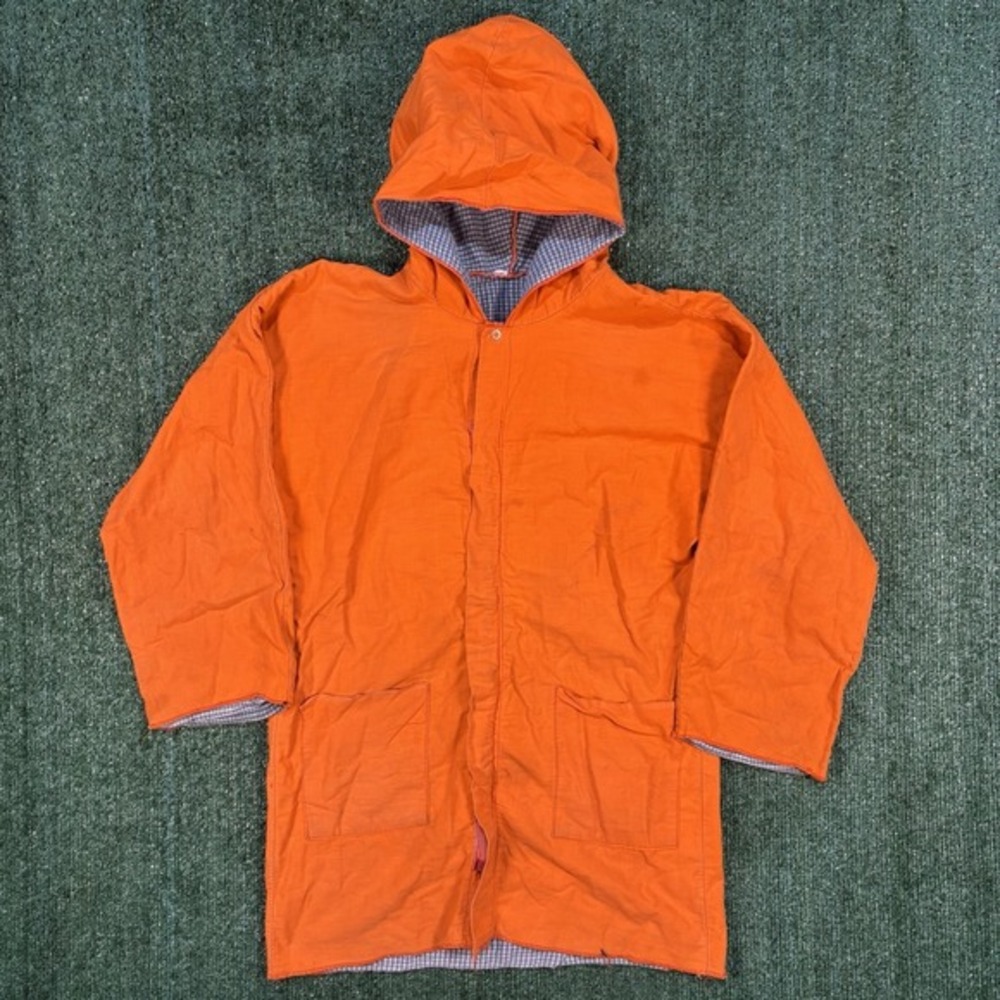 Vintage Hooded Chore Jacket Mens M Orange Gingham Lined Fair Distressed Workwear